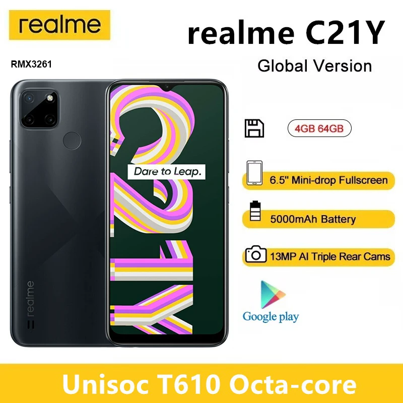 Смартфон Realme C21Y 4 ГБ 64 6 5 дюйма IPS ЖК-дисплей две SIM-карты глобальная версия 13 МП ии