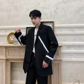 

Men Stripe Spliced Single Button Casual Blazer Jacket Male Vintage Fashion Streetwear Hip Hop Loose Suit Coat Outerwear