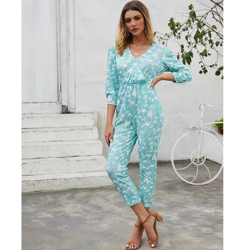 

Women's Rompers Womens Jumpsuit 2019 Autumn and Winter Floral Print Waist Casual Seven-point Sleeve V-neck Nine-point Jumpsuit