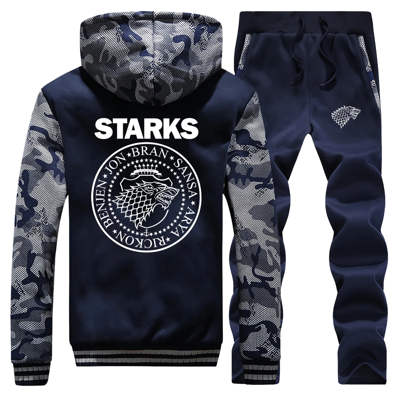 Blog Wolf Print Winter Jacket+Pants 2 Piece Sets Men Fleece Mens Hoodies Sweatshirt Trousers Suit Fashion House Strarks Man Tracksuit