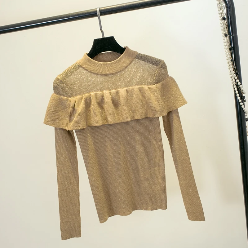 Neploe/элегантные шелковые пуловеры с оборками и круглым вырезом, свитер с вырезом, с вырезами, с длинными рукавами, обтягивающие однотонные Топы 46826