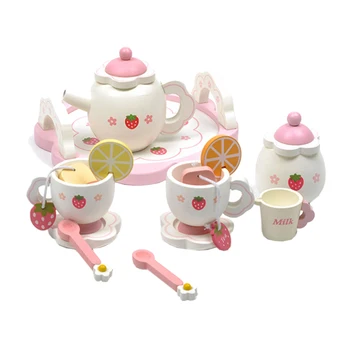 

14pcs Children Wooden Pretend Play Teapot Set Dishes Wishes Dinnerware Toy With Strawberry Pattern Educational Toy - White Lemon