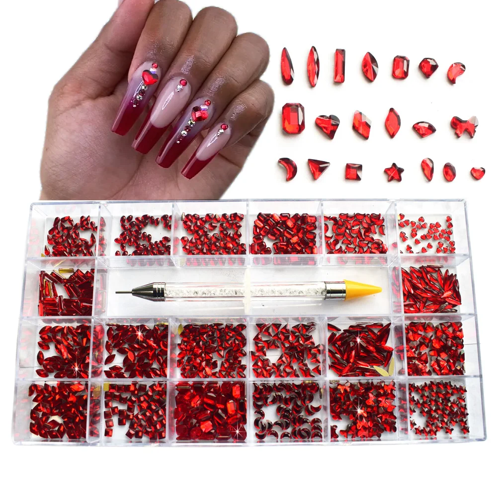 1000Pcs/Box Nails Crystal Mixed AB Rhinestone in Grids 50Pc/Shape Flat-Back Nail Art Gem Set with 1 Pick Up Pen | Красота и здоровье