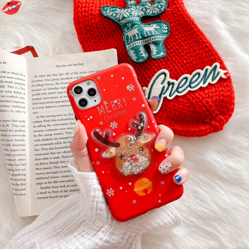 Glitter Christmas Deer Bear Phone Case For iPhone XR 11 Pro XS Max X 8 7 6 6s Plus Dynamic Liquid Quicksand Bling Sequins Cover (19)