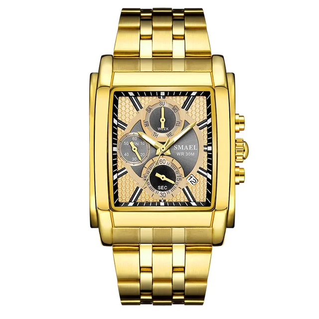 

SMAEL Men Watches Luxury Gold Watches Men Fashion Rectangele Dial Waterproof Quartz Watch Men Big Men Watches relogio masculino
