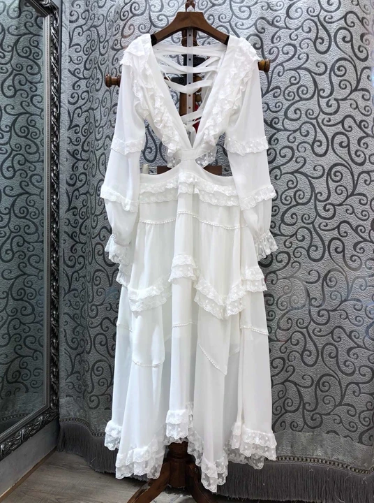 Цветное осеннее женское платье миди, сексуальное Белое платье с открытой спиной и v-образным вырезом, винтажное платье с длинным рукавом, высокое качество, женское платье для подиума