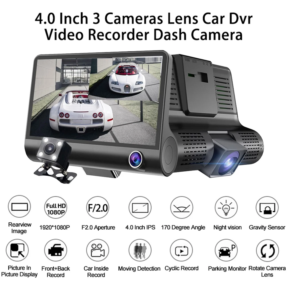 Dash cam 3 камеры s объектив 4,0 дюймов Автомобильный видеорегистратор Dash камера 3 объектива с видеорегистратором заднего вида Dashcam Full Hd 1080P русский язык