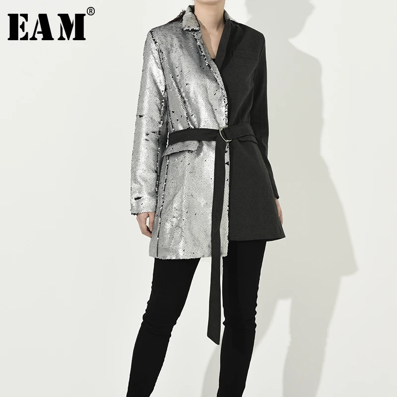 

[EAM] Loose Fit Sequins Split Joint Bandage Jacket New Lapel Long Sleeve Women Coat Fashion Tide Autumn Winter 2020 JI99410