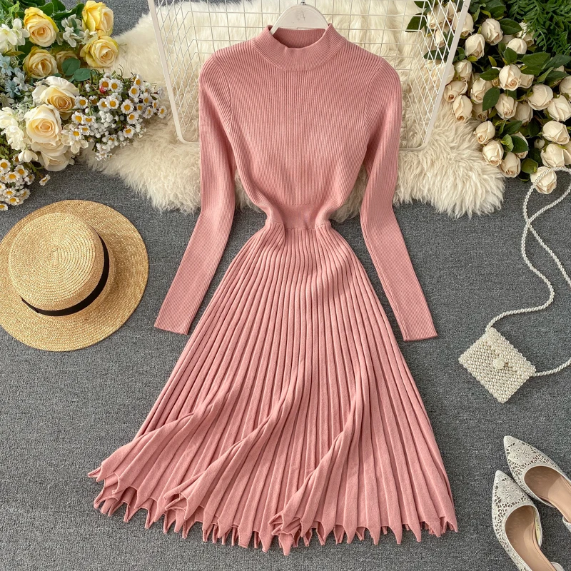 Винтажное теплое платье, Vestido de festa, тонкий осенний зимний вязаный свитер, миди платья для вечеринок, ТРАПЕЦИЕВИДНОЕ женское плиссированное платье