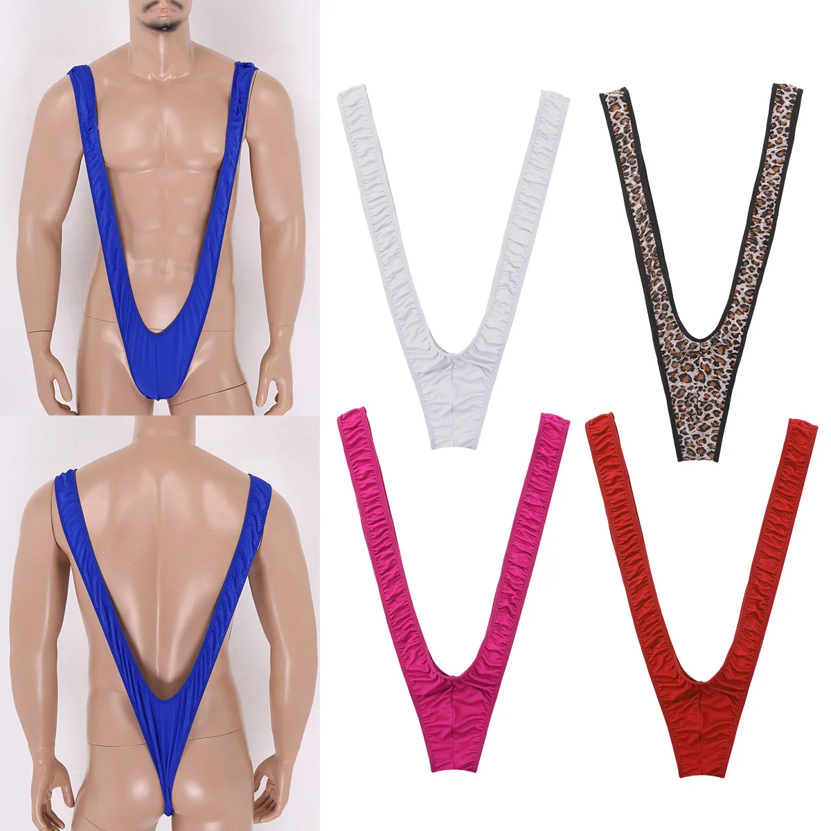 ChicTry Male Mens Leopard Print One-piece Stretch Deep V-shaped Mankini Thong Underwear Lingerie Suspender Bodysuit Swimsuits