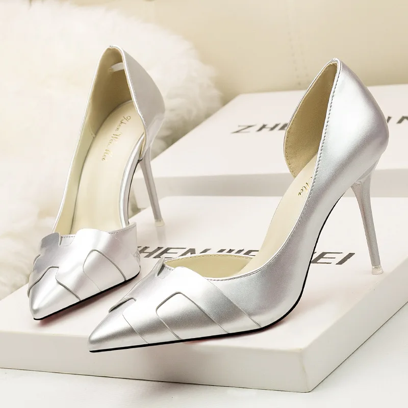 

New Autumn Women Pumps Side Hollow High Heels Pointed Toe Solid Color Leather H shallow PU Shoes Sexy Stilettos