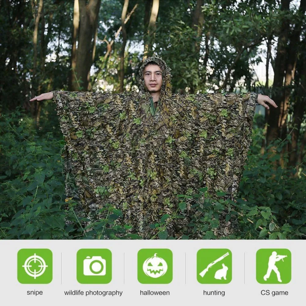 Levensechte 3D Bladeren Camouflage Poncho Mantel Stealth Suits Outdoor Woodland Cs Game Kleding Voor Jacht Schieten Birdwatching Set