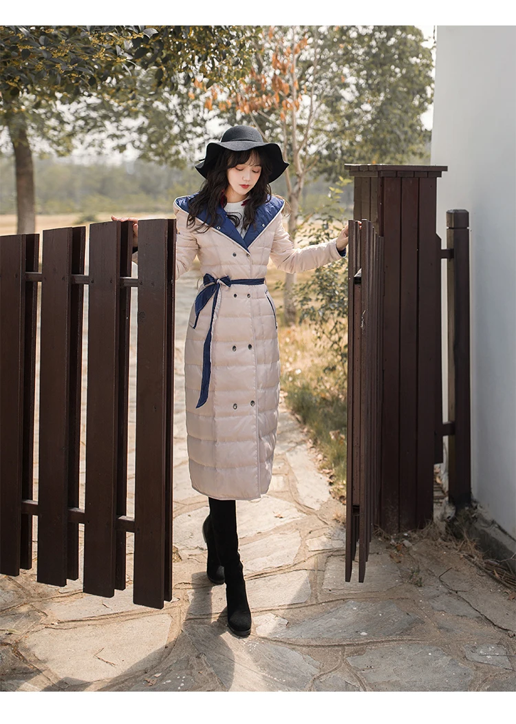 YOSIMI Winter Women Warm Down Coat Embroidery Female Long White Duck Down Jacket with Hooded Wear Both Sides Wide-waisted