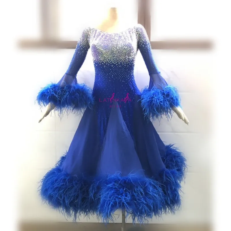 100% New Competition Slik chiffon ostrich feather ballroom Standard dance dress,dance clothing,stage ballroom wear-BB111005