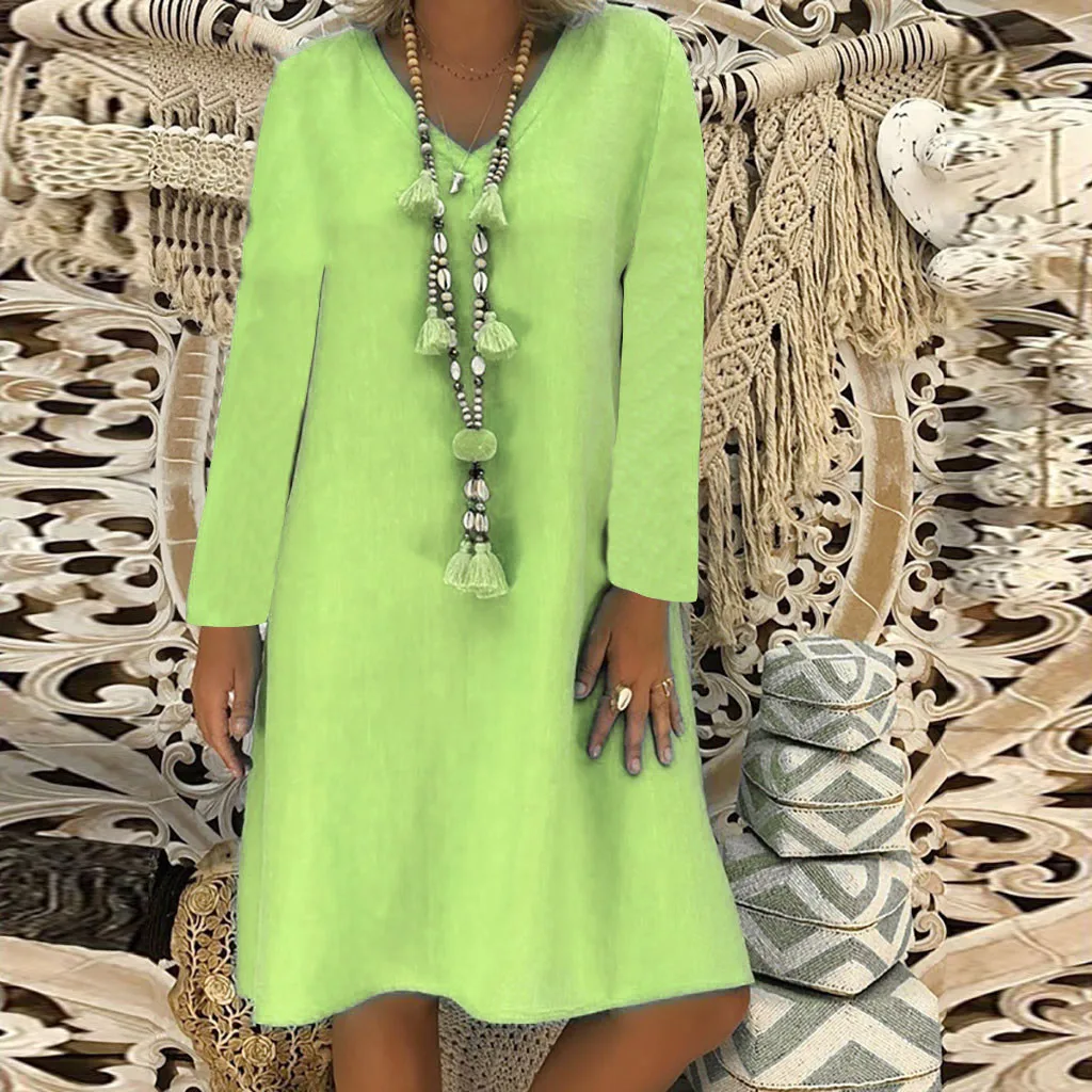 SAGACE женское свободное однотонное платье большого размера с длинным рукавом из хлопка и льна до колена модное осеннее сексуальное платье с v-образным вырезом 4 августа