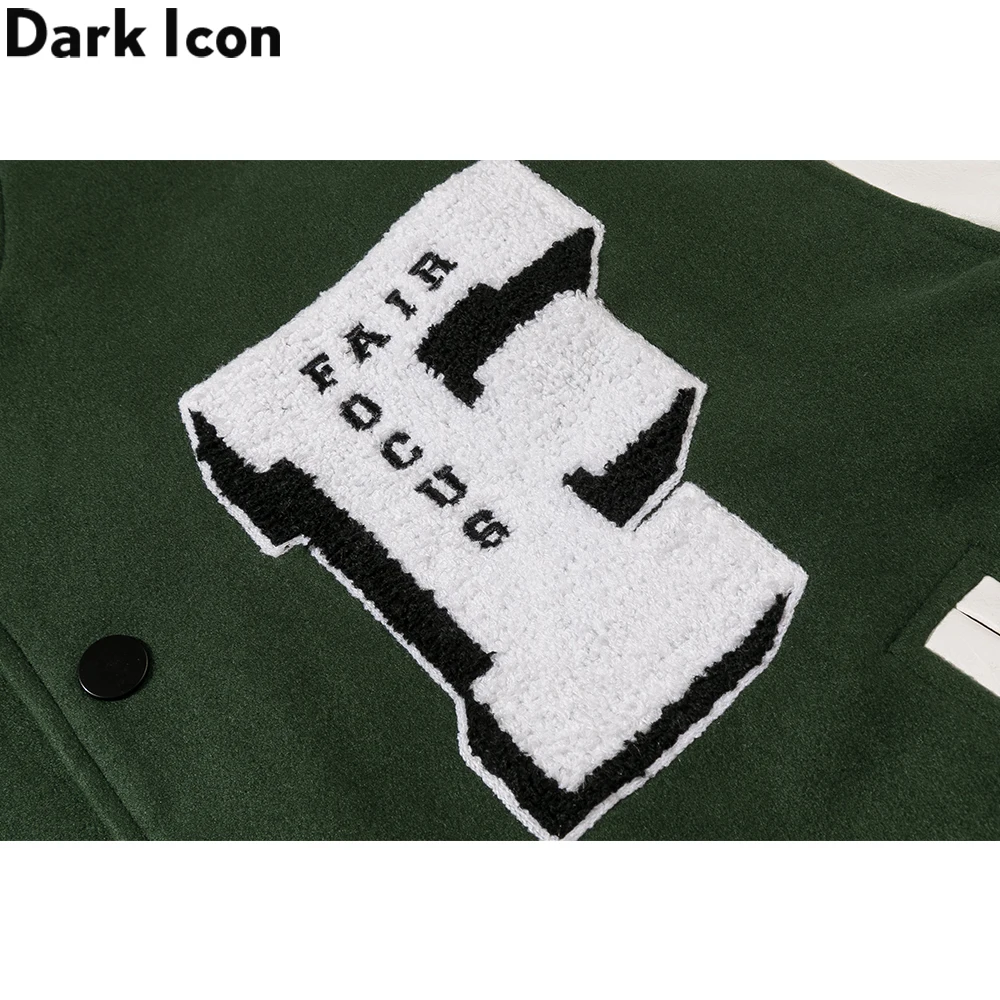 Dark Icon Embroidery Baseball Jacket Men Leather Patchwork High Street Men's Jackets Black Green