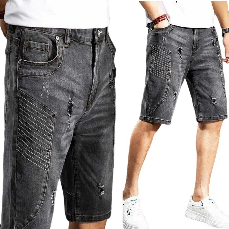 Summer Denim Shorts Male Jeans Men Denim Shorts Trendy Jogger Ankle Harem Jeans Stretch Pants Men's Ripped Wave Trousers t shirt pants popular male buttons neckline relaxed fit ankle tied pants t shirt for vacation top trousers t shirt pants