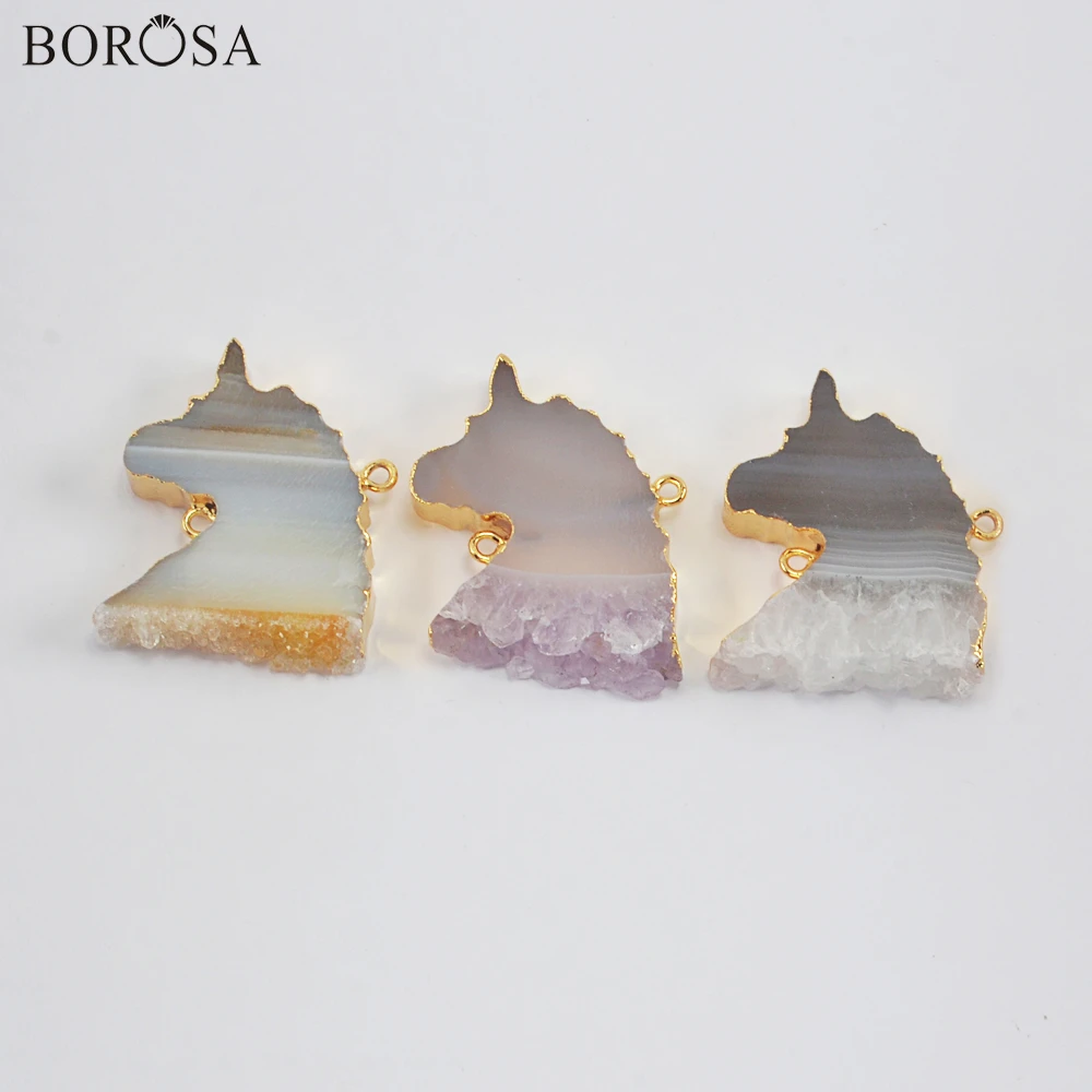 

Fashion Unicorn Natural Agates Connector for Necklace Gold Color Gems Stones Druzy Quartz Pendant Jewelry Accessories G1993