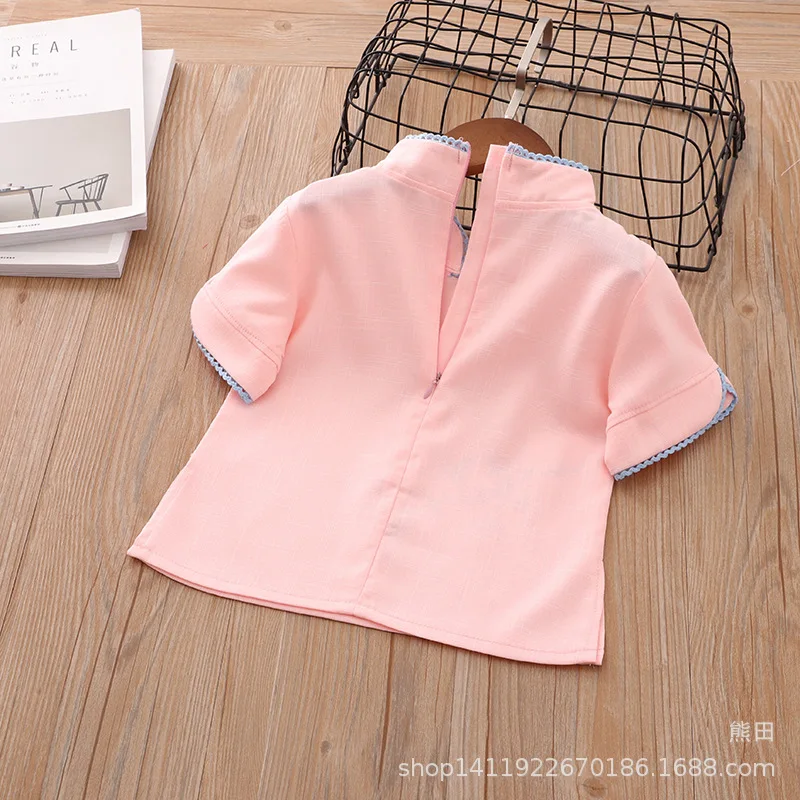 Spring Summer New Style Children Chinese Clothing Cotton Linen Short Sleeve CHILDREN'S Suit Chinese-style Handmade Frog Girls Ch