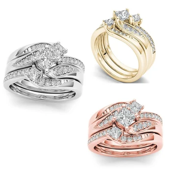 

Luxury Female Crystal Bridal Ring Set Fashion Gold/Silver Wedding Band Jewelry Promise Love Engagement Rings For Women Size5-11