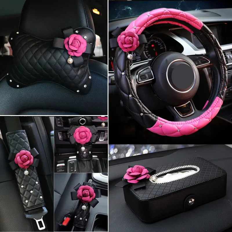 

Pink Rose Flower Leather Steering Wheel Cover Auto Headrest Support Handbrake Gear Shift Cover Crystal Car Interior Accessories