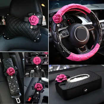 

Pink Rose Flower Leather Steering Wheel Cover Auto Headrest Support Handbrake Gear Shift Cover Crystal Car Interior Accessories