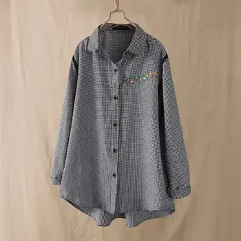 

Checked Blouses Women Summer Spring Shirts Work Tunic Blusas Casual Loose Plaid Irregular Lapel Embroidery Tops Plus Size Shirt