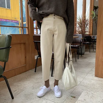 

Simple and basic double-button high-waist straight-down pants for women,2019, Korean-style broad-leg casual pants for women
