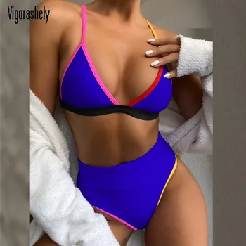

Vigorashely Blue Swimwear Women Sexy High Waist Bikini Set 2020 Snake Swimsuit Female Floral Print Bikini Bathing Suit Swim Wear