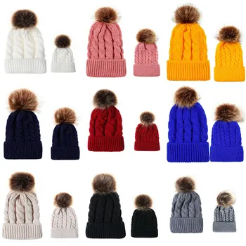 

Fashion Parent-child Caps Cute Infant Baby Pompon Winter Hat Fur Ball Hat Mother Kids Warm Knitted Hat Newborn Beanie Caps