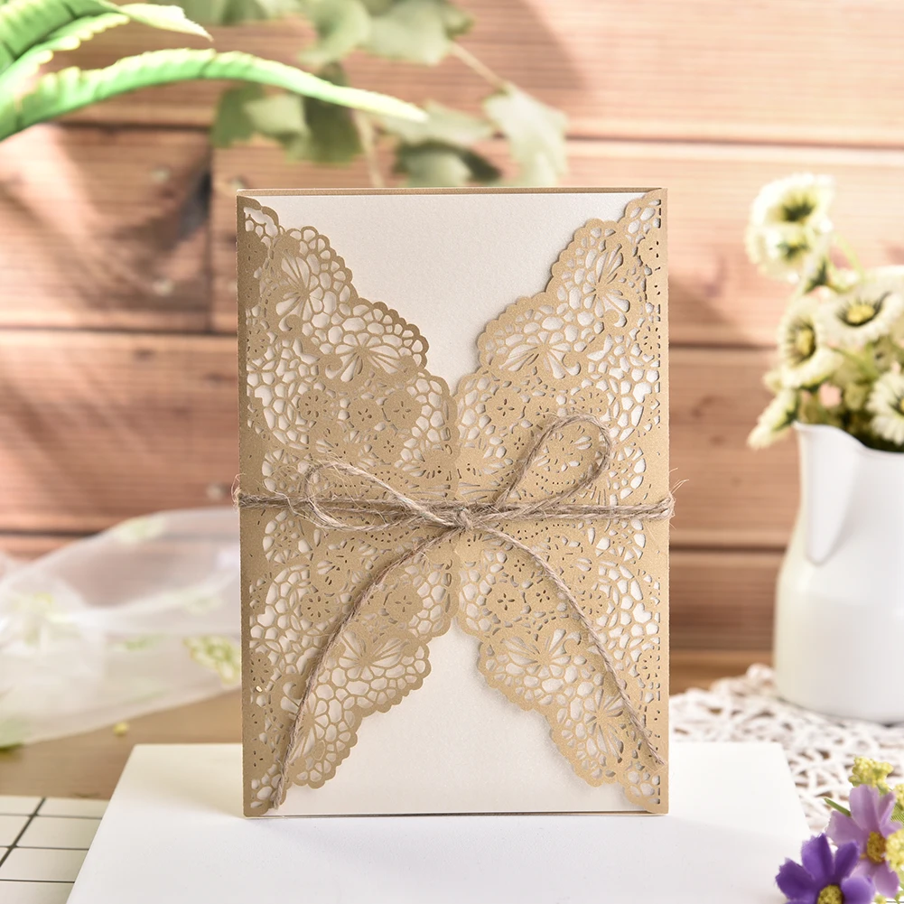  10pcs Design Wedding Invitations Flower Pattern Laser Cut Lace West Cowboy Customize Invitation Car - 4000431303582