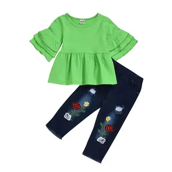 

2020 new child wear girl Cotton trumpet sleeve clothes bottoming shirt topsT-shirt denim trousers set1-4 y Quality kids clothing