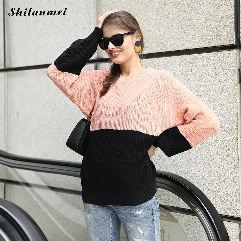 

Women Patchwork Green Pink Sweters Fashion Long Sleeve Knitted Sweater Women Invierno 2019 Autumn Pullover Pull Femme Loose Tops