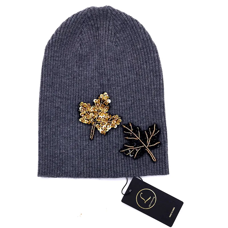 Billige GZHilovingL Frühling Frauen Baum Perlen Strass Stricken Slouch Hüte Caps Weibliche Weiche Baumwolle Wolle Baggy Dünne Rippen Beanies Hüte