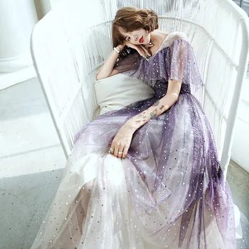 

Skyyue Sparkling Evening Dress R237 A-Line Long Banquet Dresses For Women Short Sleeve Sequin Gowns V-Neck Robe De Soiree