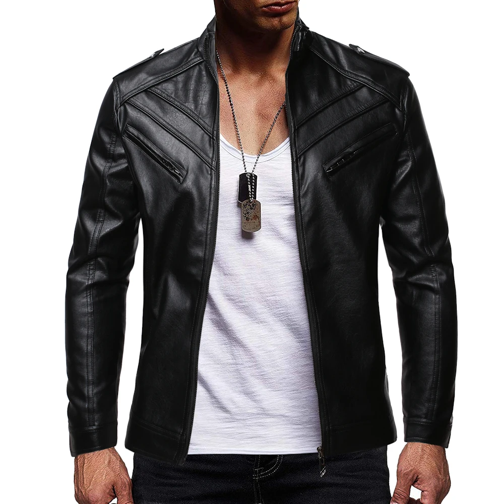 2021 autumn winter leisure motorcycle slim leather jacket men's hot selling splicing zipper stand collar artificial leather coat cowboy leather jacket