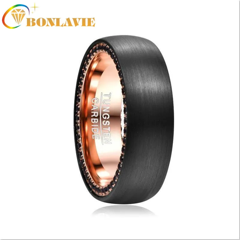 

BONLAVIE 8mm Men's Ring Surface Black Brushed Ring Inner Ring Rose Gold Plating Black Zircon Side Inlaid Tungsten Carbide Ring