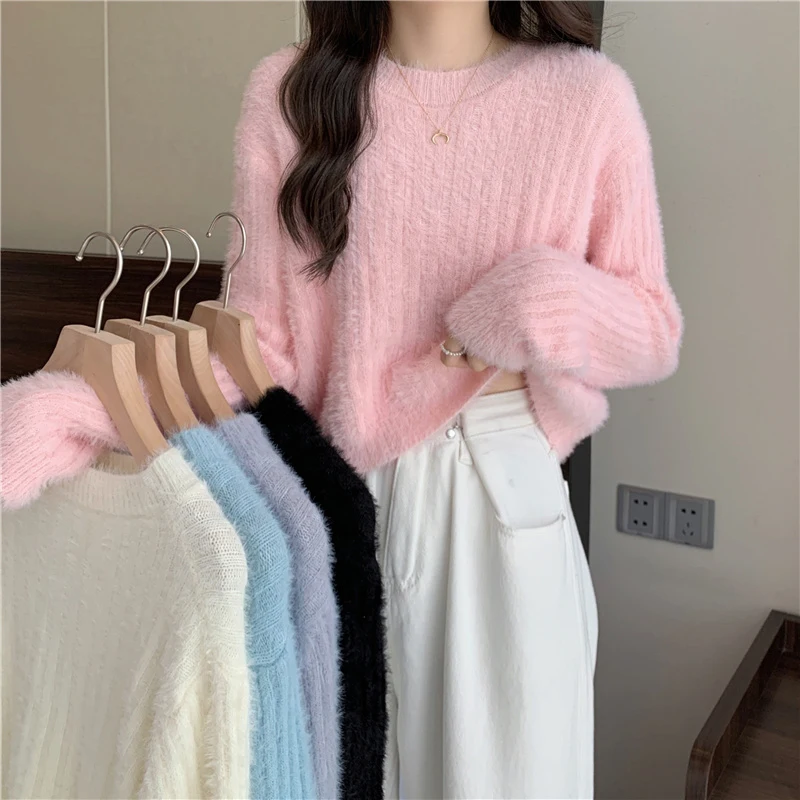 Y2K Cropped Sweater Pink Furry Solid Korean Fashion Pullover