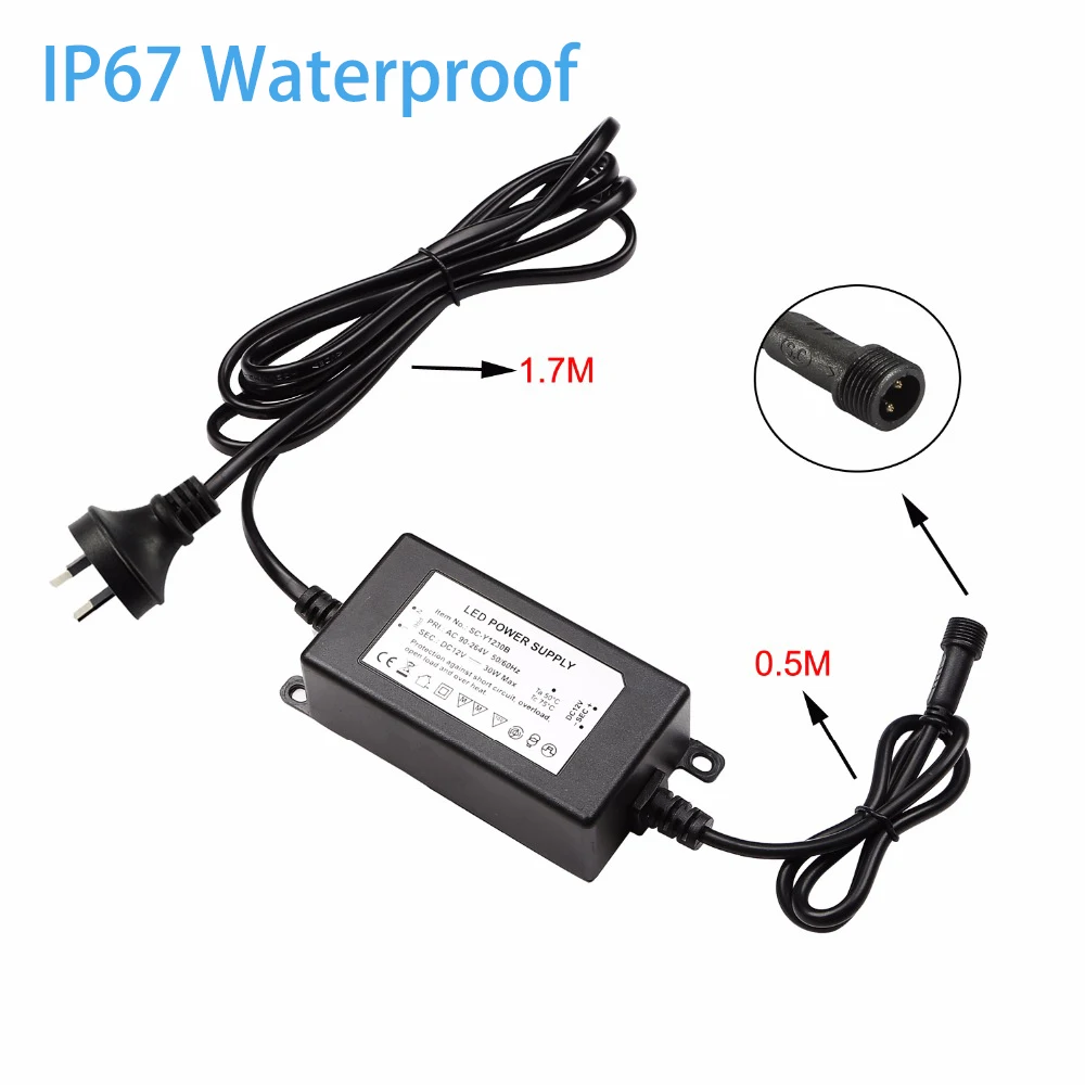 Pilote d'alimentation LED étanche IP67 pour lumières extérieures ou intérieures, 12V, 30W, entrée de prise EU,US,UK,AU, 90-264ylique