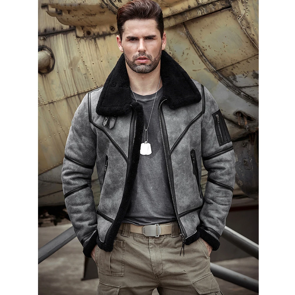 

2019 New Mens Gray Shearling Jacket B3 Flight Jacket Sheepskin Aviator Winter Coat Fur Bomber Leather Jacket