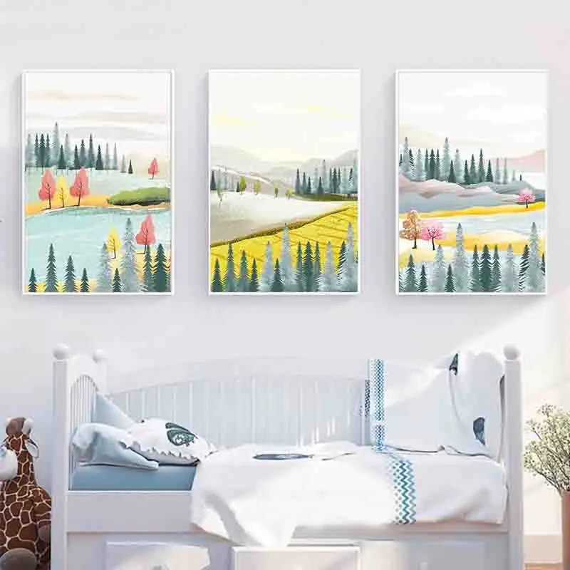

Nordic Landscape Canvas Paintings Cartoon Abstract River Forest Wall Posters Printings for Kids Room Wall Art Decoration
