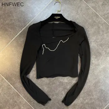 

2020 Summer New Arrivals Sexy Long Sleeve Square Collar Back Hollow Out Diamonds Chain Top Women T Shirt T355