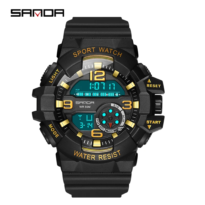 SANDA брендовые военные часы мужские светодиодный цифровые часы G Открытый Многофункциональный 30 м водонепроницаемые спортивные часы relojes hombre - Цвет: Золотой