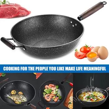 

Nonstick Frying Pan Metal Fry Pan with Wooden Handle Kitchen Utensil Cookware YU-Home