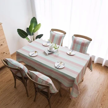 

Waterproof Tablecloth Pink Blue Stitching Striped Table Cloth Washable Cotton Linen Christmas Rectangular Table Cover
