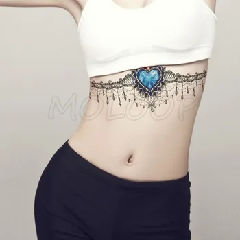 

Temporary Tattoo Sticker blue heart diamond lace necklace sexy chest back Fake Tatoo waterproof Flash Tatto Art for Woman girl