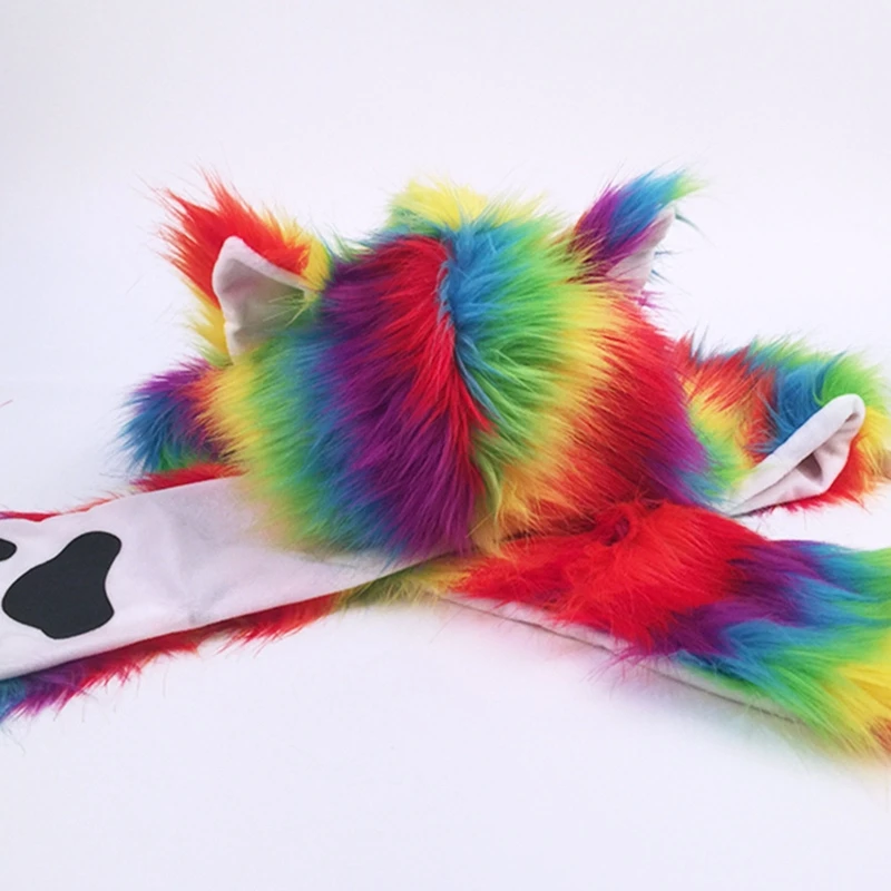 Women rainbow stripes furry animal hoodie hat 3 in 1 multifunctional winter hat,fashion hat,fur hat,earflap hat,faux fur hat