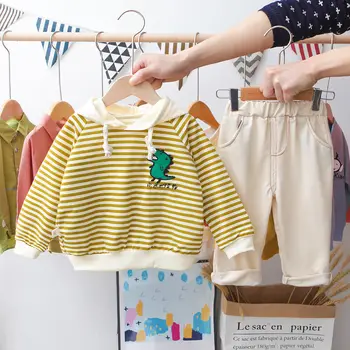 

Autumn Cotton Baby Boys Striped Dinosaur Hooded Pullover Hoodies + Casual Trousers Children Kids Clothing Set Leisure 2Pcs Suits