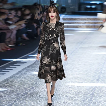 

Vintage Retro Long Sleeve Double Breasted Design Runway Print Boho Elegant Dress Woman 2020 Spring Autumn Long Dresses Female