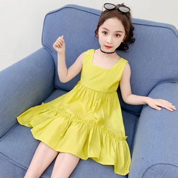 

Solid Cotton Children 2020 Summer Dresses Clothing Girls Sleeveless Squin Collar Dress Clothes Kids Ruffles Dresses Age 6 8 10Y